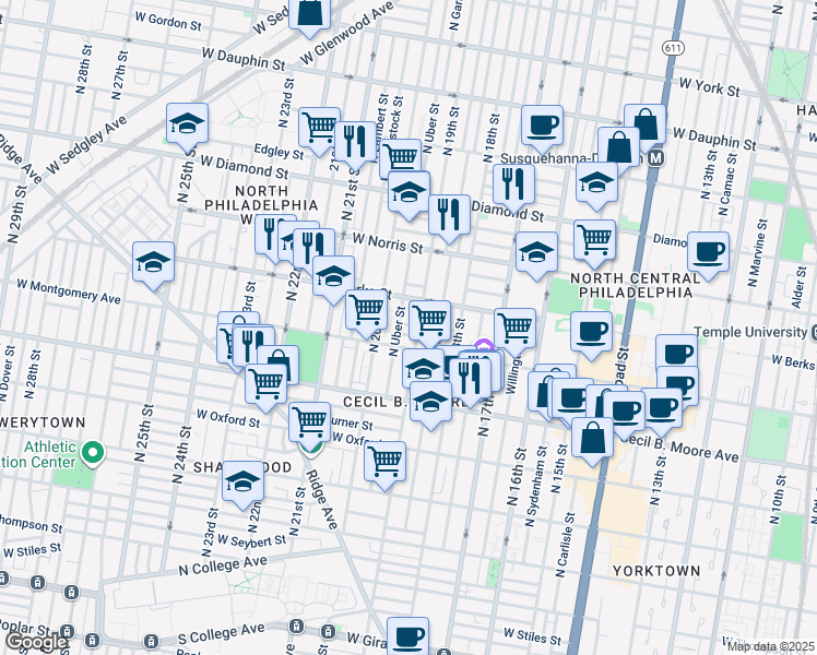 map of restaurants, bars, coffee shops, grocery stores, and more near 1910 West Wilt Street in Philadelphia