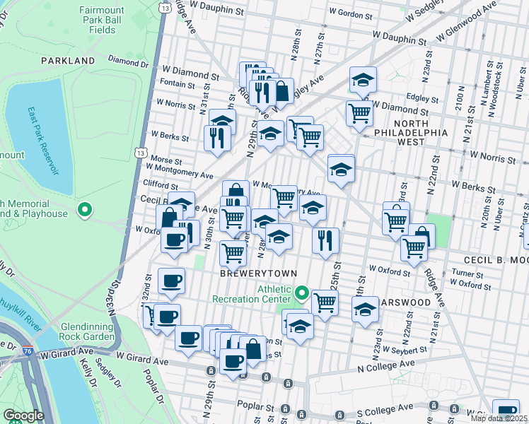 map of restaurants, bars, coffee shops, grocery stores, and more near 1710 North 28th Street in Philadelphia