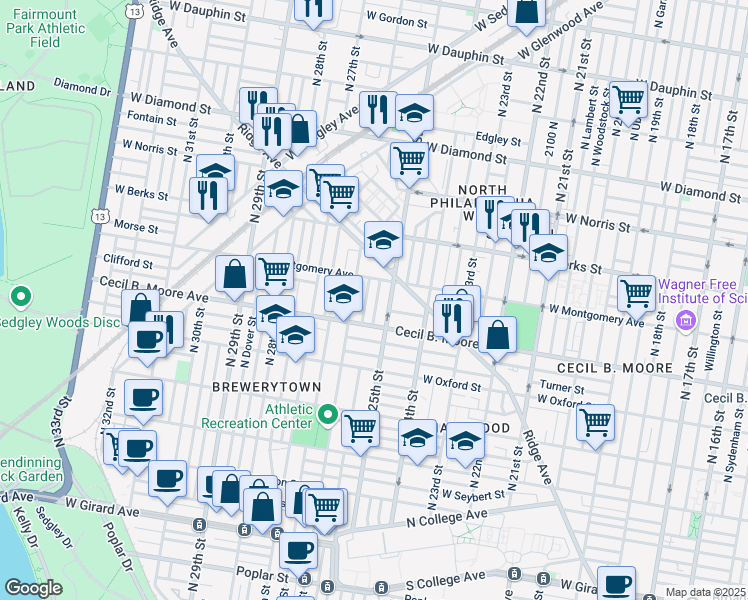 map of restaurants, bars, coffee shops, grocery stores, and more near in Philadelphia