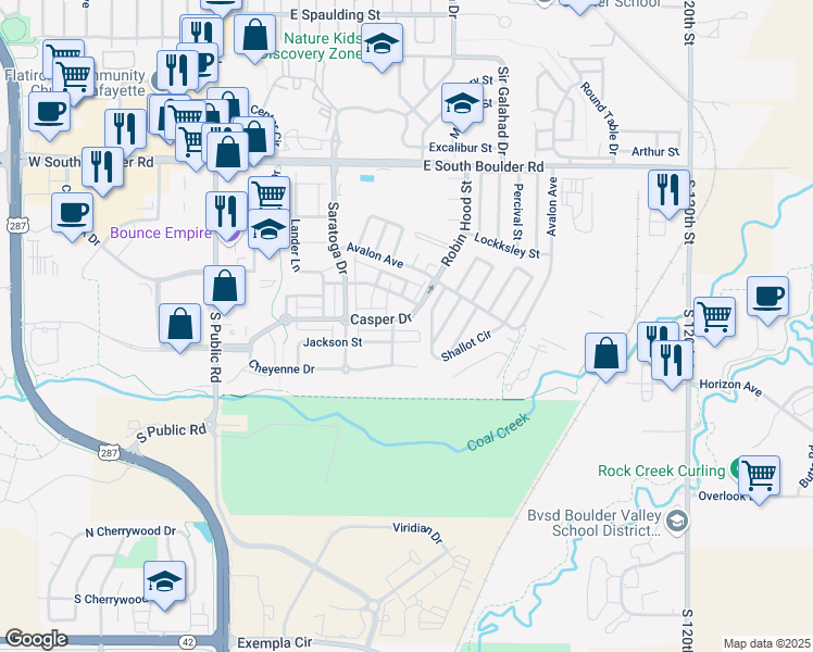 map of restaurants, bars, coffee shops, grocery stores, and more near 672 Casper Drive in Lafayette