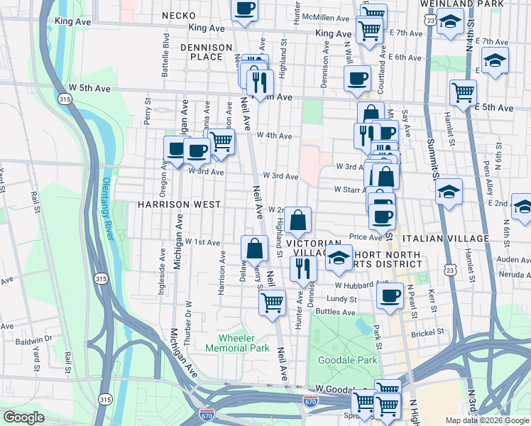 map of restaurants, bars, coffee shops, grocery stores, and more near 1017 Highland Street in Columbus