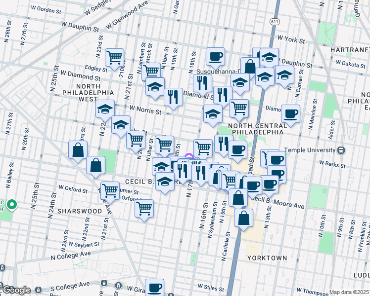 map of restaurants, bars, coffee shops, grocery stores, and more near 1828 North Bouvier Street in Philadelphia