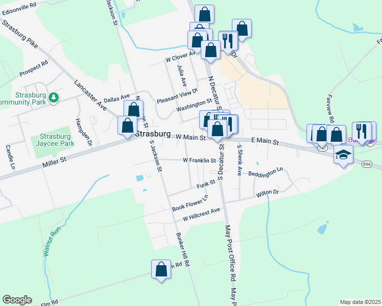 map of restaurants, bars, coffee shops, grocery stores, and more near 18 South Fulton Street in Strasburg