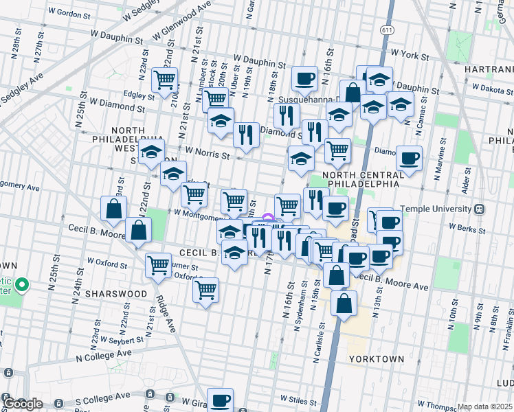 map of restaurants, bars, coffee shops, grocery stores, and more near 1827 North 18th Street in Philadelphia