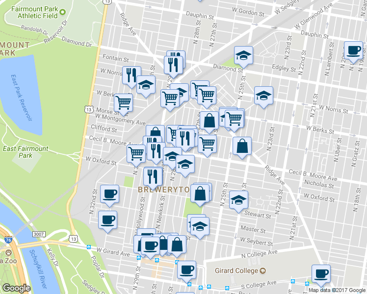 map of restaurants, bars, coffee shops, grocery stores, and more near 1712 North Marston Street in Philadelphia