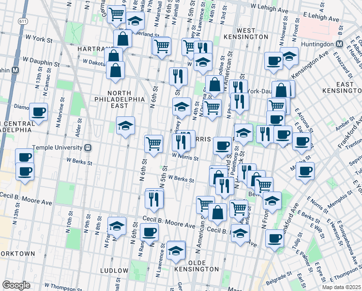 map of restaurants, bars, coffee shops, grocery stores, and more near 2025 North Lawrence Street in Philadelphia