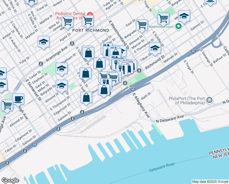 map of restaurants, bars, coffee shops, grocery stores, and more near 3127 Salmon Street in Philadelphia