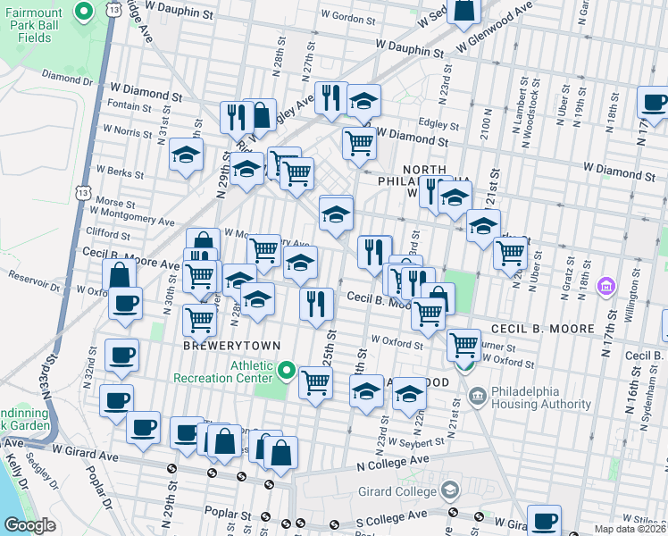 map of restaurants, bars, coffee shops, grocery stores, and more near in Philadelphia