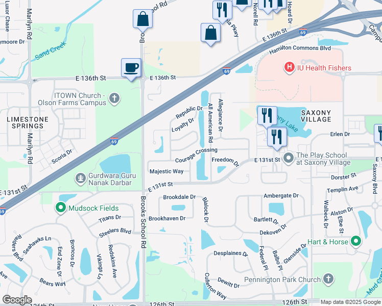 map of restaurants, bars, coffee shops, grocery stores, and more near 12686 Courage Crossing in Fishers