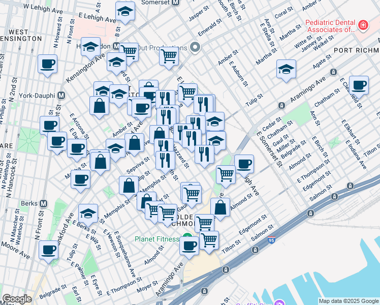 map of restaurants, bars, coffee shops, grocery stores, and more near 2315 East Huntingdon Street in Philadelphia