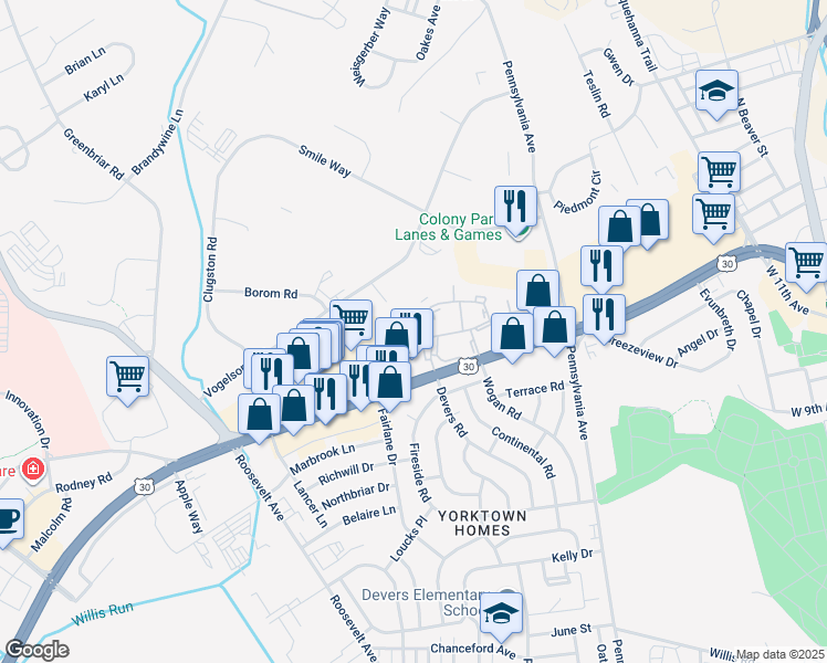 map of restaurants, bars, coffee shops, grocery stores, and more near 1718 Devers Road in York