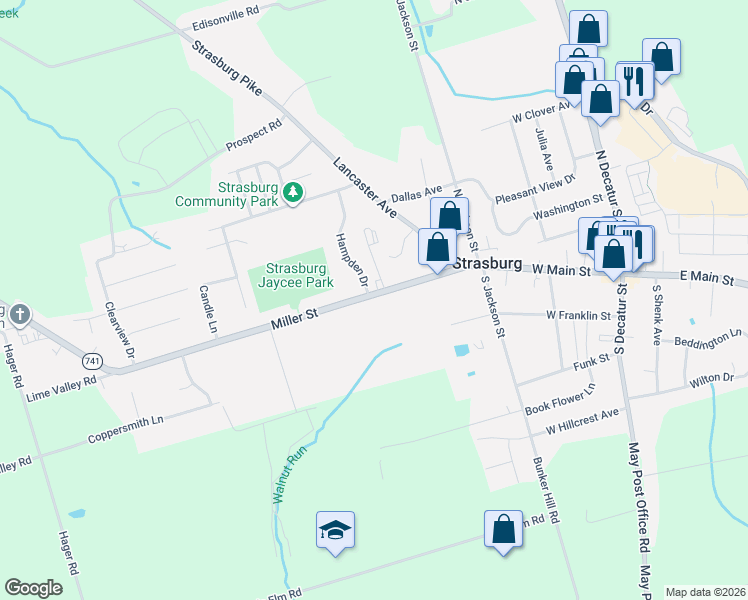 map of restaurants, bars, coffee shops, grocery stores, and more near 126 Miller Street in Strasburg
