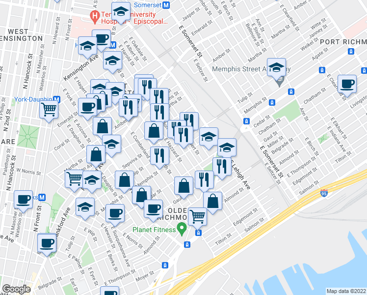 map of restaurants, bars, coffee shops, grocery stores, and more near 2315 East Huntingdon Street in Philadelphia