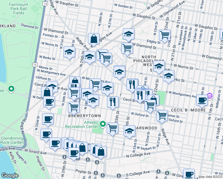 map of restaurants, bars, coffee shops, grocery stores, and more near 1733 North 26th Street in Philadelphia