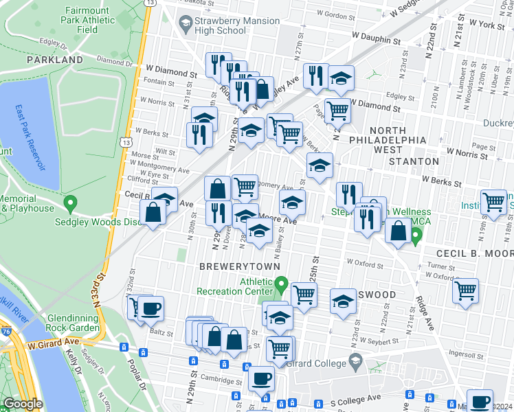 map of restaurants, bars, coffee shops, grocery stores, and more near 1712 North Marston Street in Philadelphia