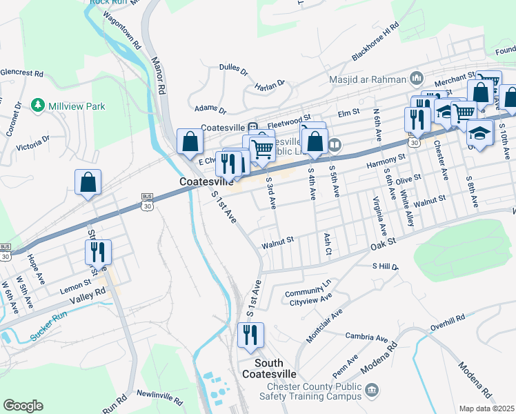map of restaurants, bars, coffee shops, grocery stores, and more near in Coatesville