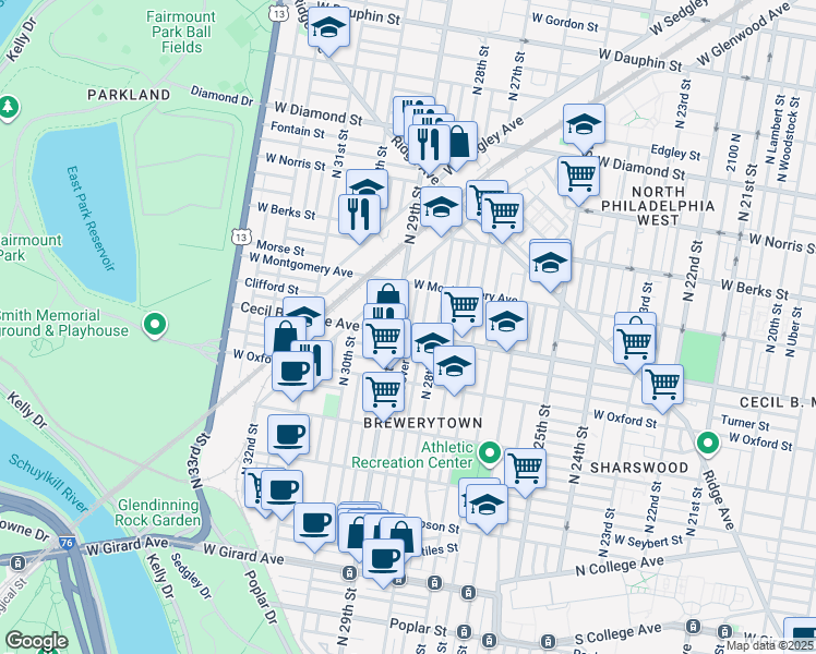 map of restaurants, bars, coffee shops, grocery stores, and more near 1706 North Dover Street in Philadelphia