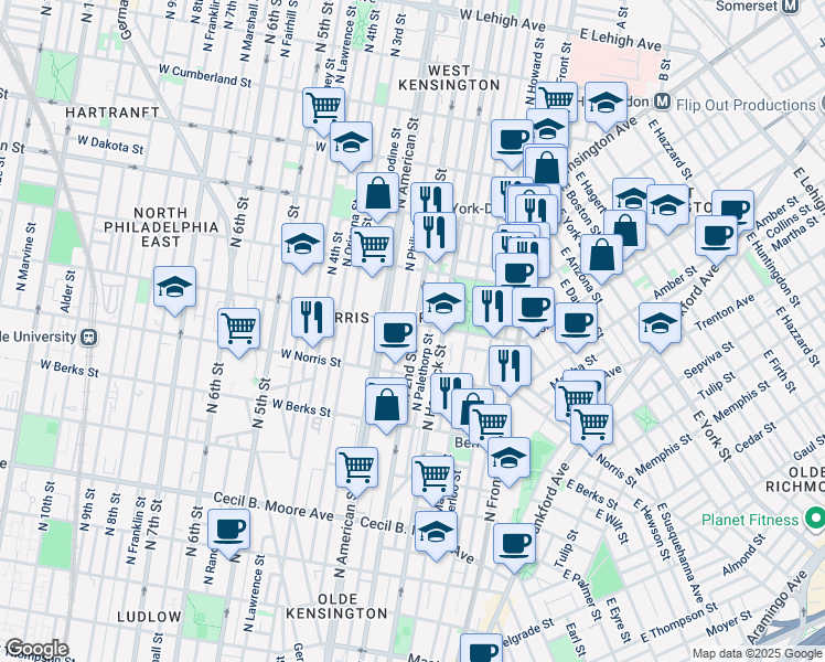 map of restaurants, bars, coffee shops, grocery stores, and more near 2054 North 2nd Street in Philadelphia