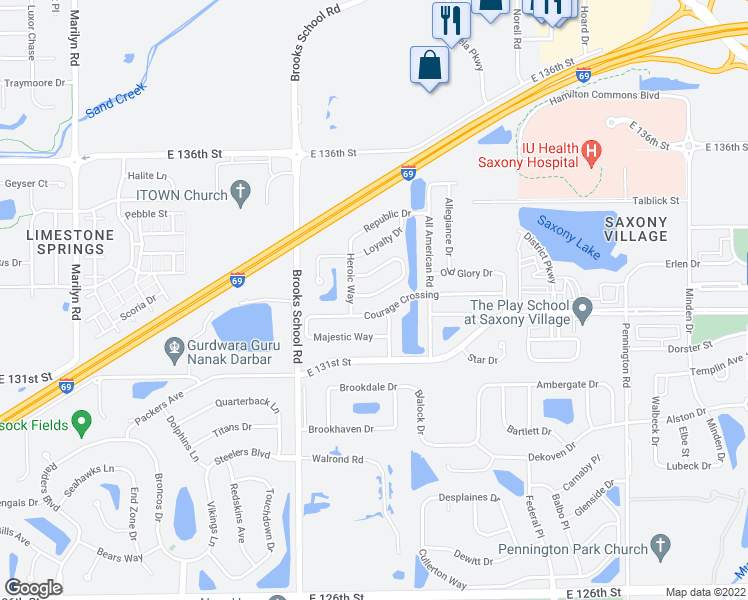 map of restaurants, bars, coffee shops, grocery stores, and more near 12655 Endurance Drive in Fishers