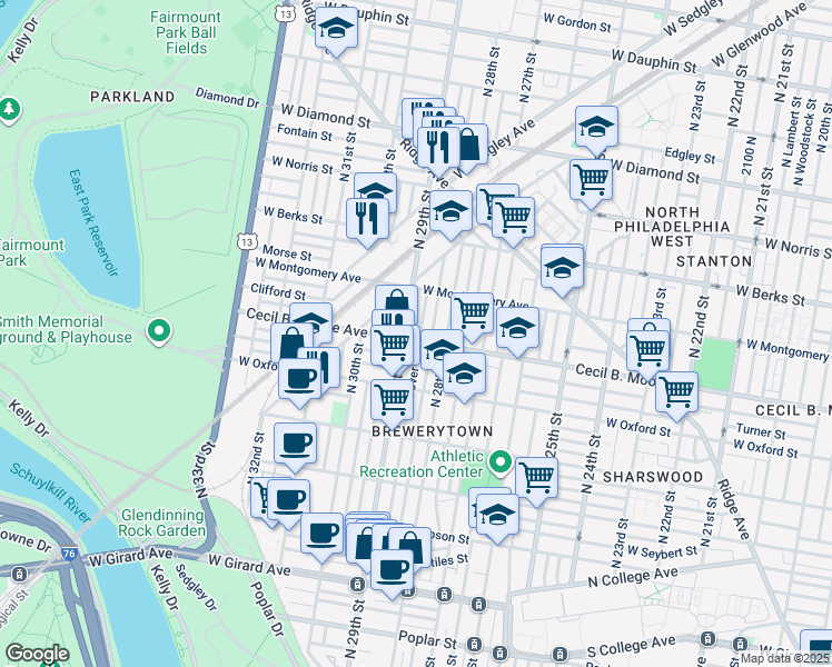 map of restaurants, bars, coffee shops, grocery stores, and more near 1706 North Dover Street in Philadelphia