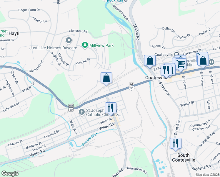 map of restaurants, bars, coffee shops, grocery stores, and more near 235 West Diamond Street in Coatesville