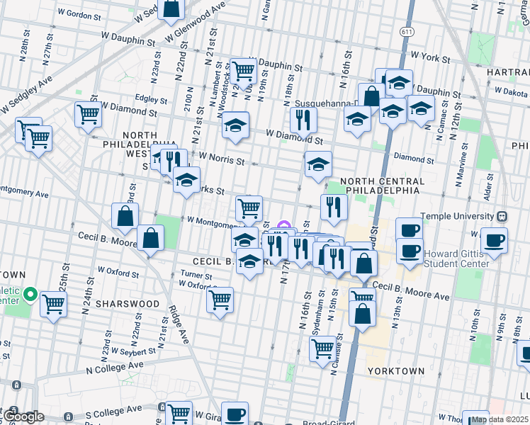 map of restaurants, bars, coffee shops, grocery stores, and more near 1830 North 18th Street in Philadelphia