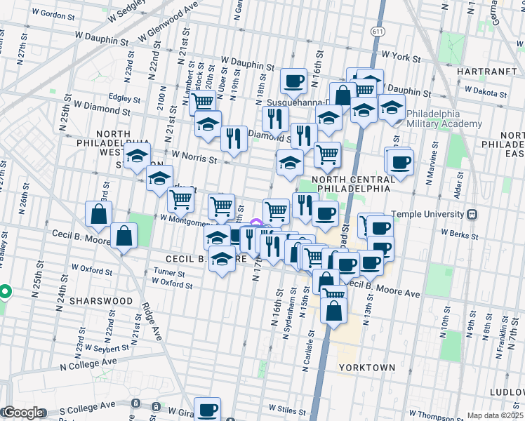 map of restaurants, bars, coffee shops, grocery stores, and more near 1842 North 17th Street in Philadelphia