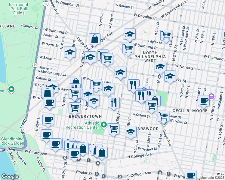 map of restaurants, bars, coffee shops, grocery stores, and more near 1733 North 26th Street in Philadelphia