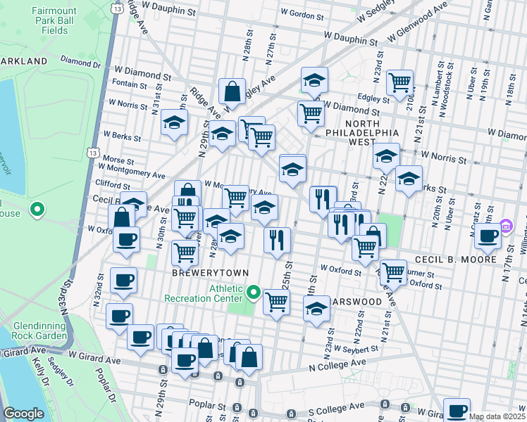 map of restaurants, bars, coffee shops, grocery stores, and more near 1731 North Bailey Street in Philadelphia