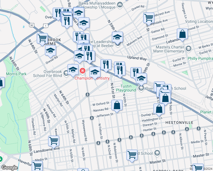 map of restaurants, bars, coffee shops, grocery stores, and more near 6134 Lebanon Avenue in Philadelphia