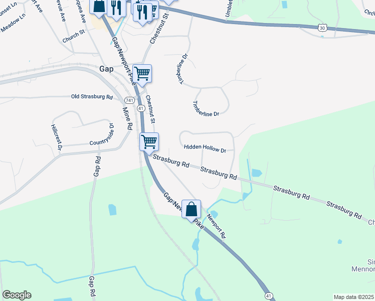 map of restaurants, bars, coffee shops, grocery stores, and more near 885 Hidden Hollow Drive in Gap