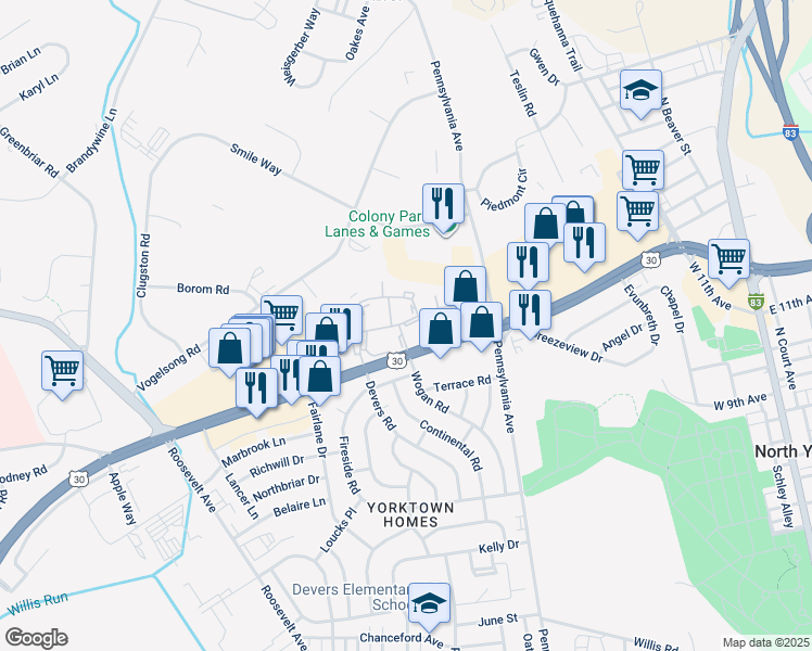 map of restaurants, bars, coffee shops, grocery stores, and more near 720 Colony Drive in York