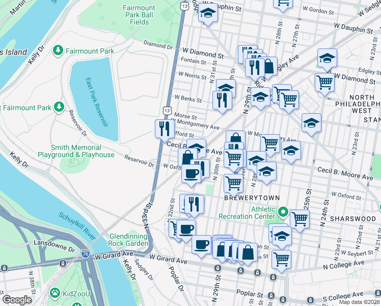 map of restaurants, bars, coffee shops, grocery stores, and more near 3123 Cecil B. Moore Avenue in Philadelphia