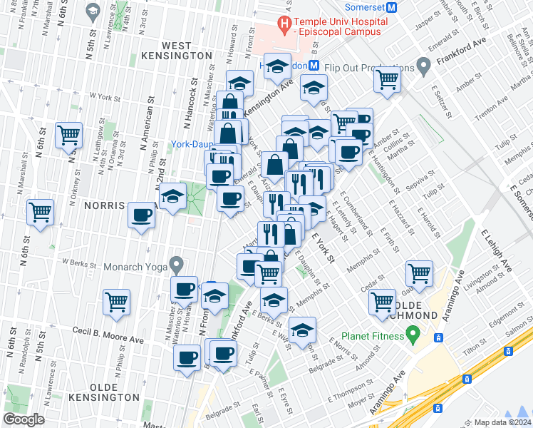 map of restaurants, bars, coffee shops, grocery stores, and more near 2080 East Dauphin Street in Philadelphia