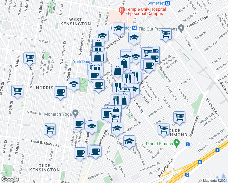 map of restaurants, bars, coffee shops, grocery stores, and more near 2080 East Dauphin Street in Philadelphia