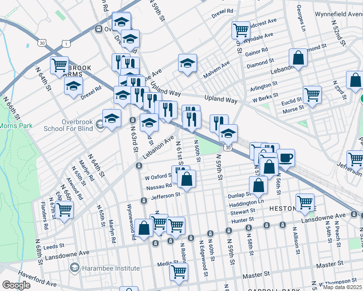 map of restaurants, bars, coffee shops, grocery stores, and more near 1929 North 61st Street in Philadelphia