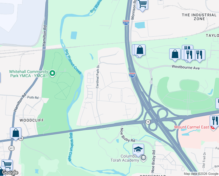 map of restaurants, bars, coffee shops, grocery stores, and more near 5457 San Gabriel Drive in Columbus