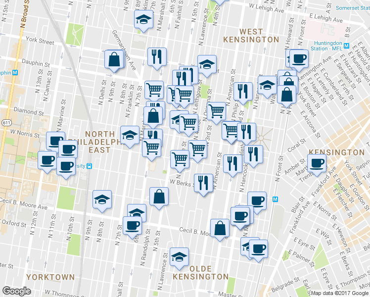 map of restaurants, bars, coffee shops, grocery stores, and more near 2029 North Lawrence Street in Philadelphia