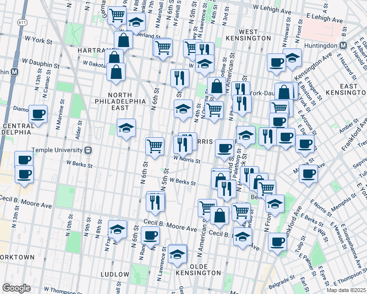 map of restaurants, bars, coffee shops, grocery stores, and more near 2029 North Lawrence Street in Philadelphia