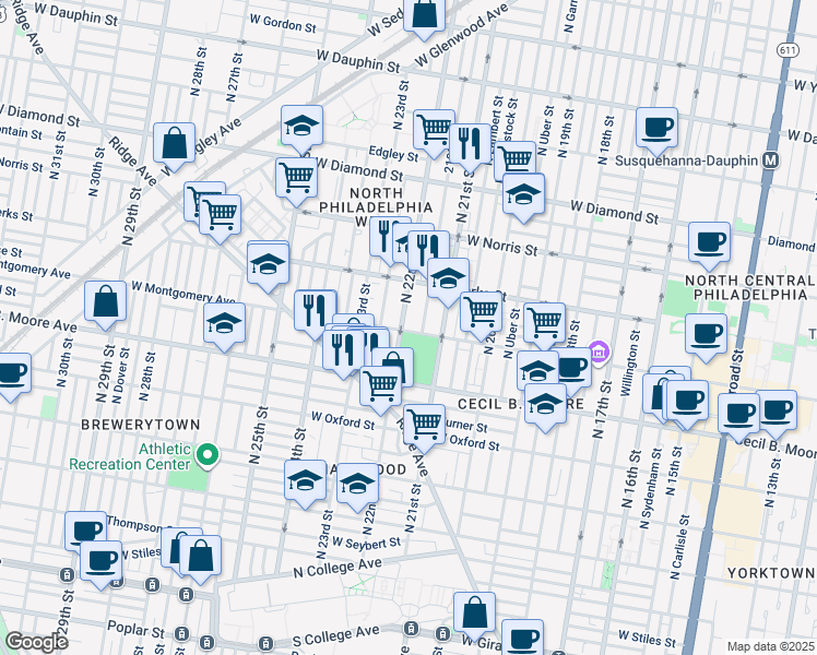 map of restaurants, bars, coffee shops, grocery stores, and more near 1801 North 22nd Street in Philadelphia