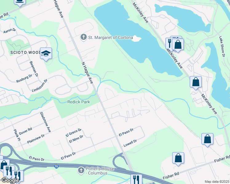 map of restaurants, bars, coffee shops, grocery stores, and more near 144 North Hague Avenue in Columbus