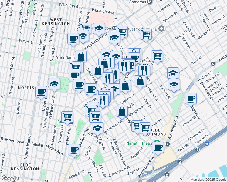 map of restaurants, bars, coffee shops, grocery stores, and more near 2424 Martha Street in Philadelphia