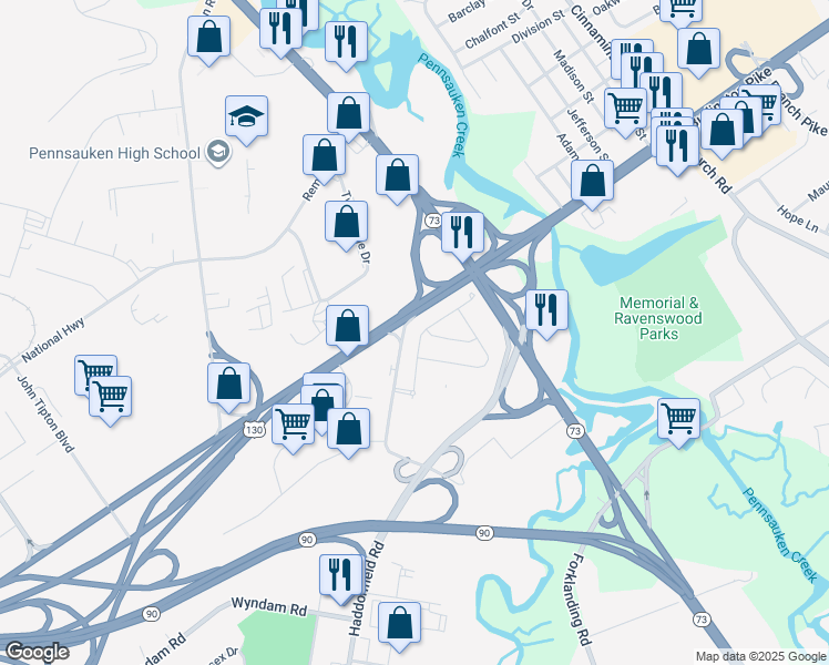 map of restaurants, bars, coffee shops, grocery stores, and more near 2118 Haddonfield Road in Pennsauken Township