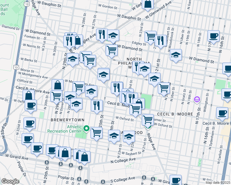map of restaurants, bars, coffee shops, grocery stores, and more near 2407 West Montgomery Avenue in Philadelphia