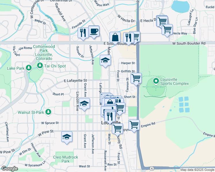 map of restaurants, bars, coffee shops, grocery stores, and more near 1209 Main Street in Louisville