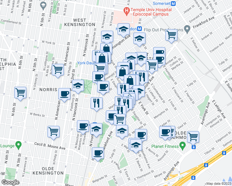 map of restaurants, bars, coffee shops, grocery stores, and more near 2063 East Fletcher Street in Philadelphia