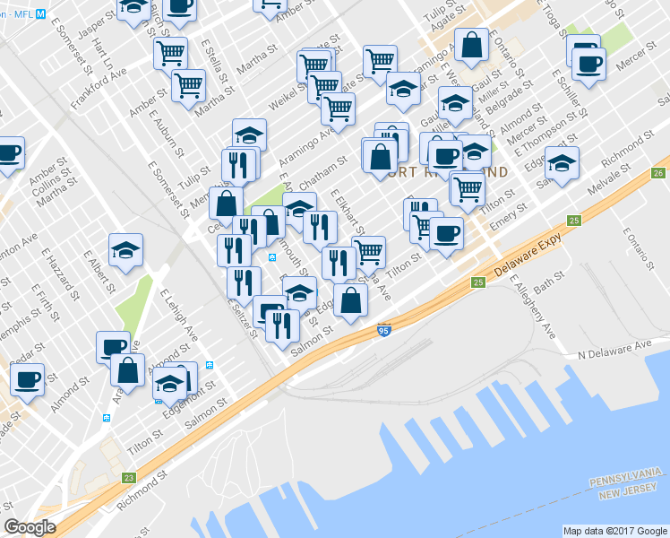 map of restaurants, bars, coffee shops, grocery stores, and more near 2625 East Ann Street in Philadelphia