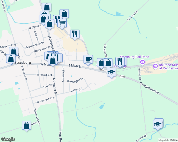 map of restaurants, bars, coffee shops, grocery stores, and more near 144 East Main Street in Strasburg