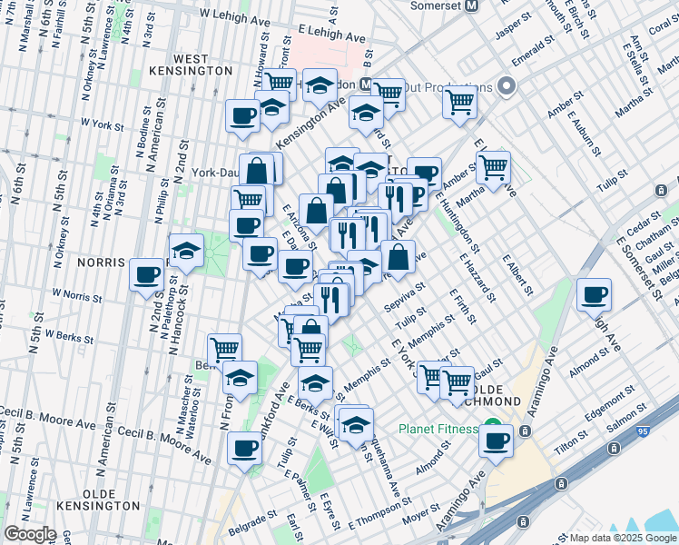 map of restaurants, bars, coffee shops, grocery stores, and more near 2113 East Arizona Street in Philadelphia