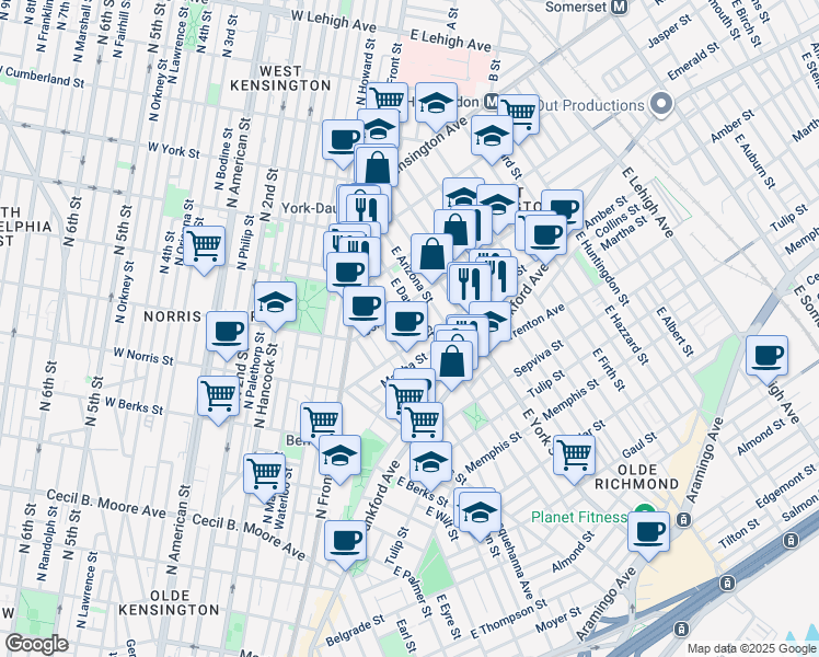 map of restaurants, bars, coffee shops, grocery stores, and more near 2063 East Fletcher Street in Philadelphia